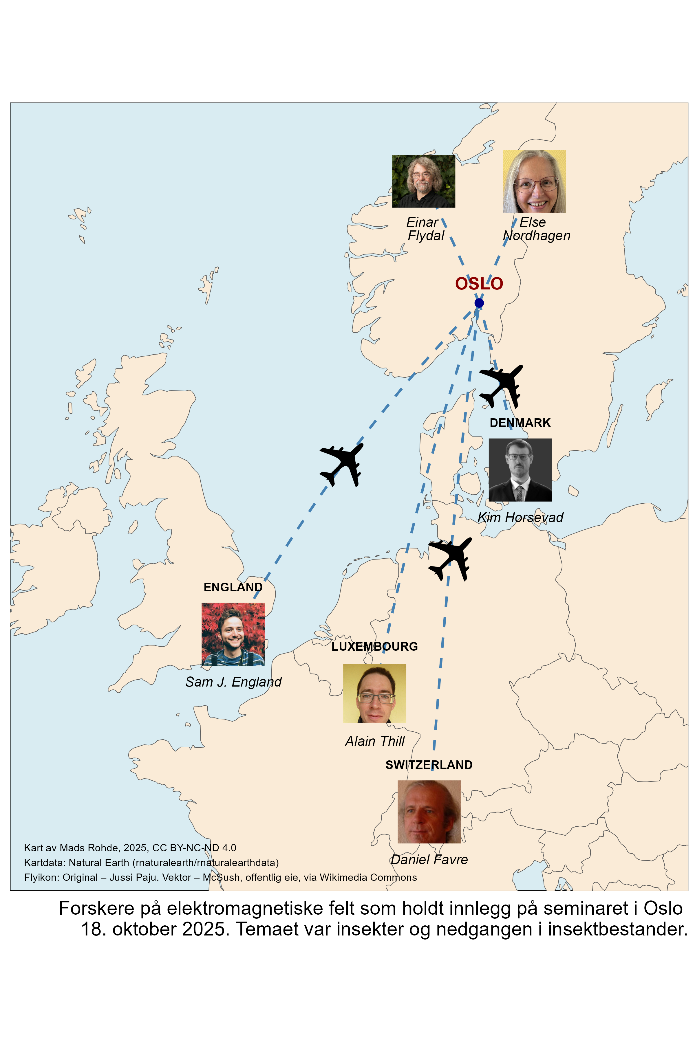 Kart over europeiske EMF-forskere som holdt innlegg på et seminar i Oslo i oktober 2025, der temaet var insekter og nedgangen i insektbestander.